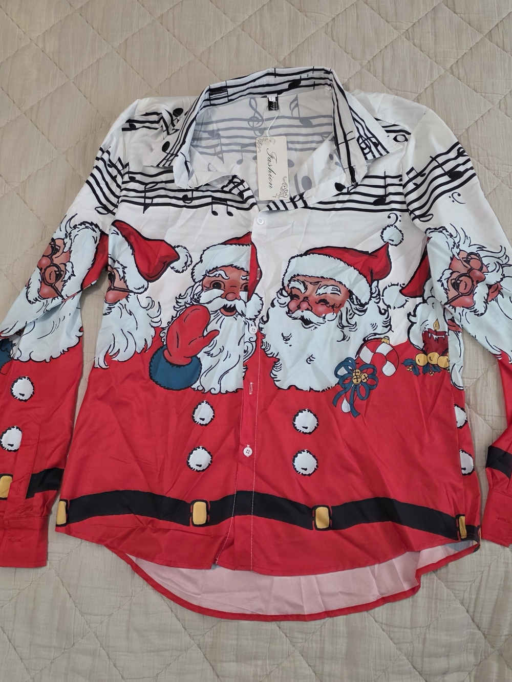 Santa Print Red and White Holiday Button-Up Shirt